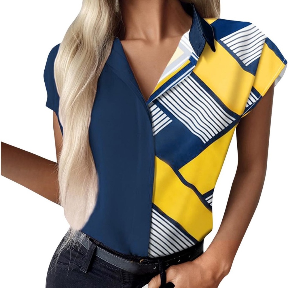 M ChicMe Women Printed Lapel Button Down Shirt Short Sleeve Summer
